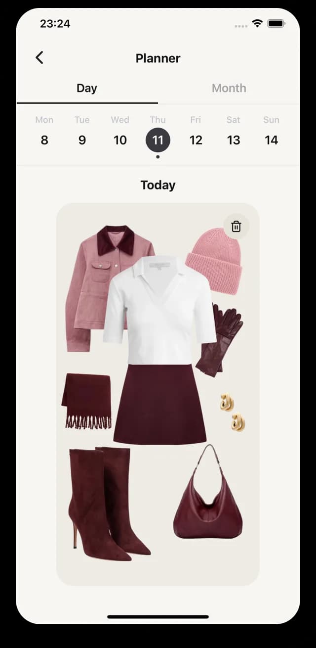Wearlist planner screen with a weekly calendar and today's planned outfit